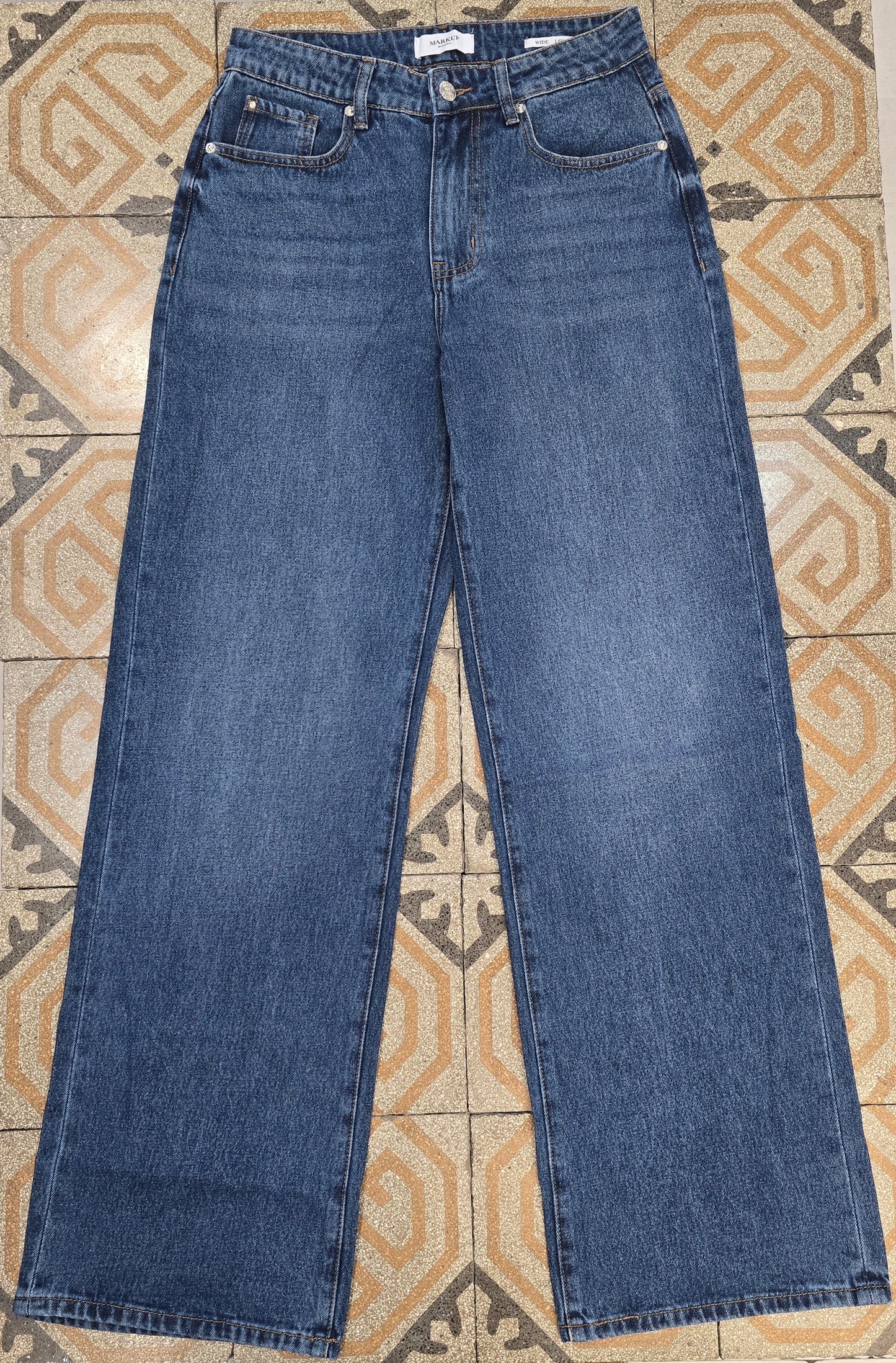 Jeans Tessuto Fermo Gamba Larga Blu Medio