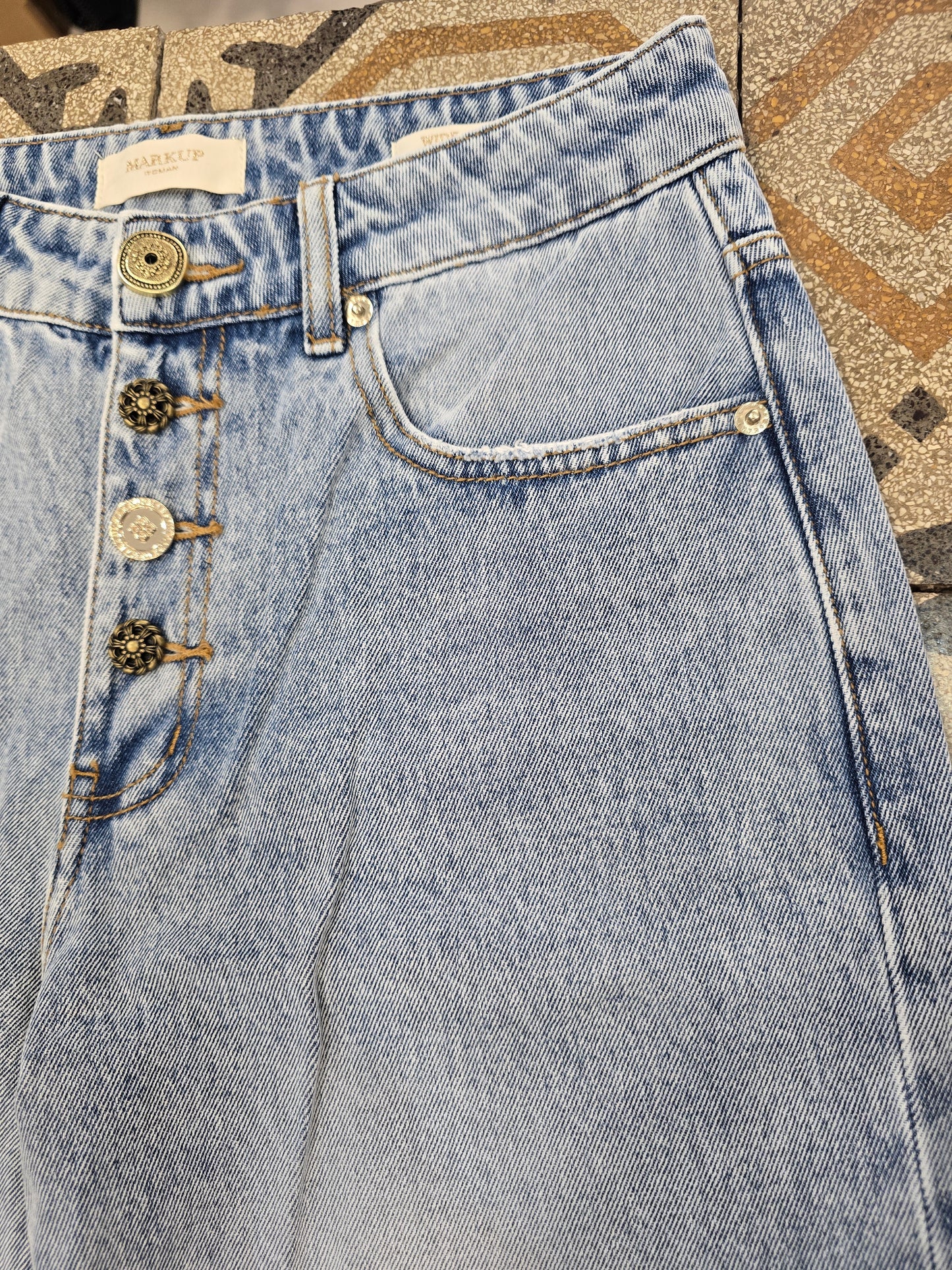 Jeans Tessuto Fermo Wide Leg Strappetti Bottoni Gioiello Celeste