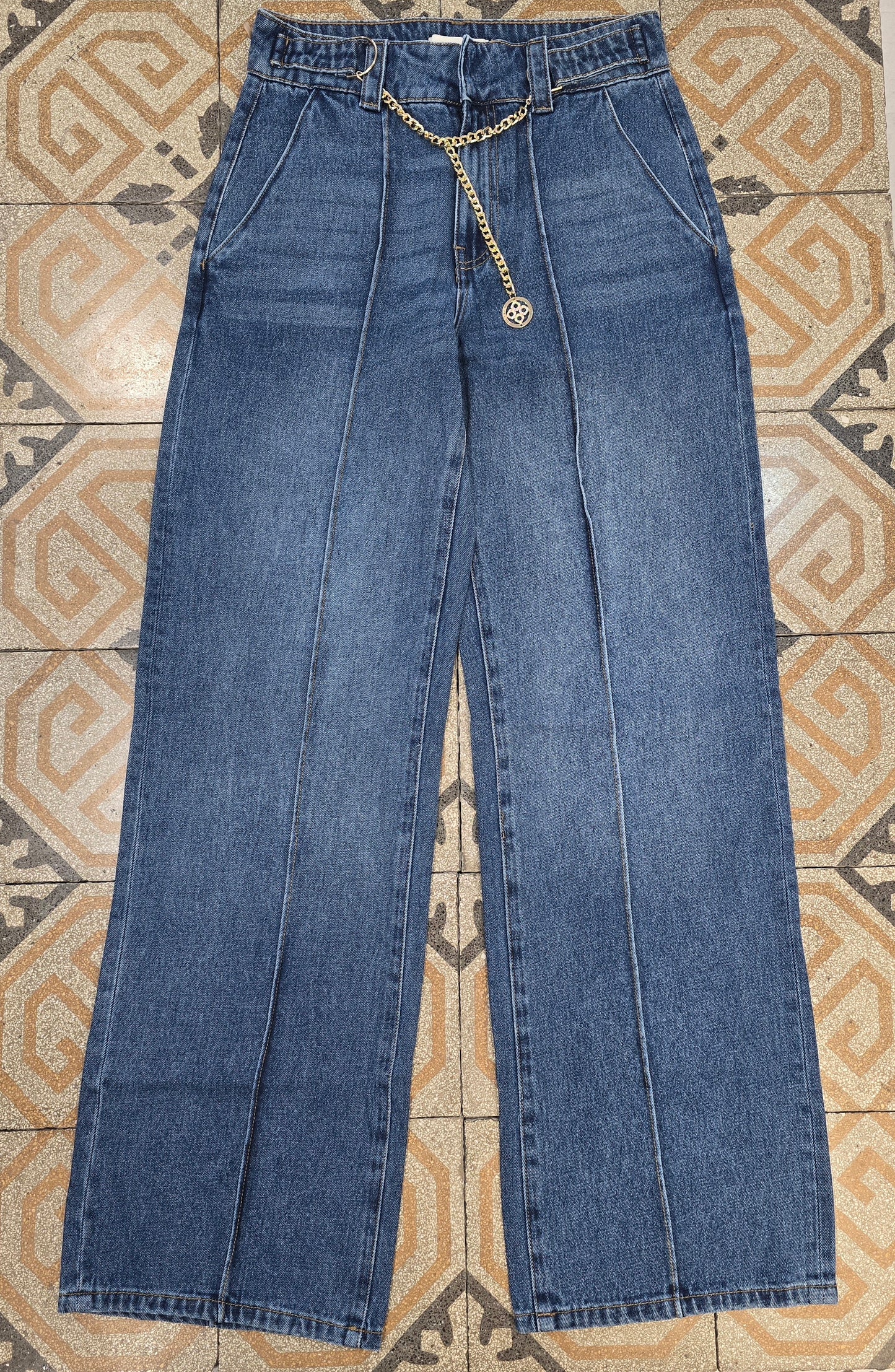 Jeans Tessuto Fermo Wide Leg Cintura Catena Dorata Blu Medio