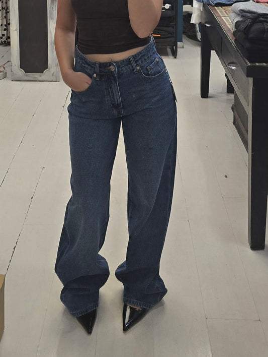 Jeans Tessuto Fermo Gamba Larga Blu Medio