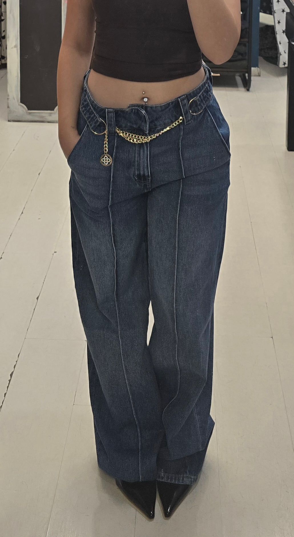 Jeans Tessuto Fermo Wide Leg Cintura Catena Dorata Blu Medio