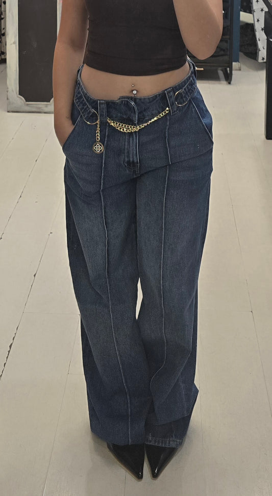 Jeans Tessuto Fermo Wide Leg Cintura Catena Dorata Blu Medio