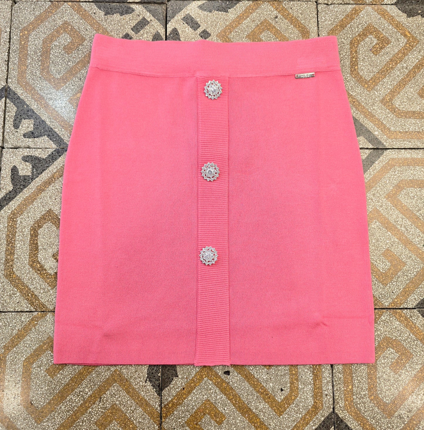 Minigonna Maglia Viscosa Bottoni Gioiello Rosa Barbie Taglia 42