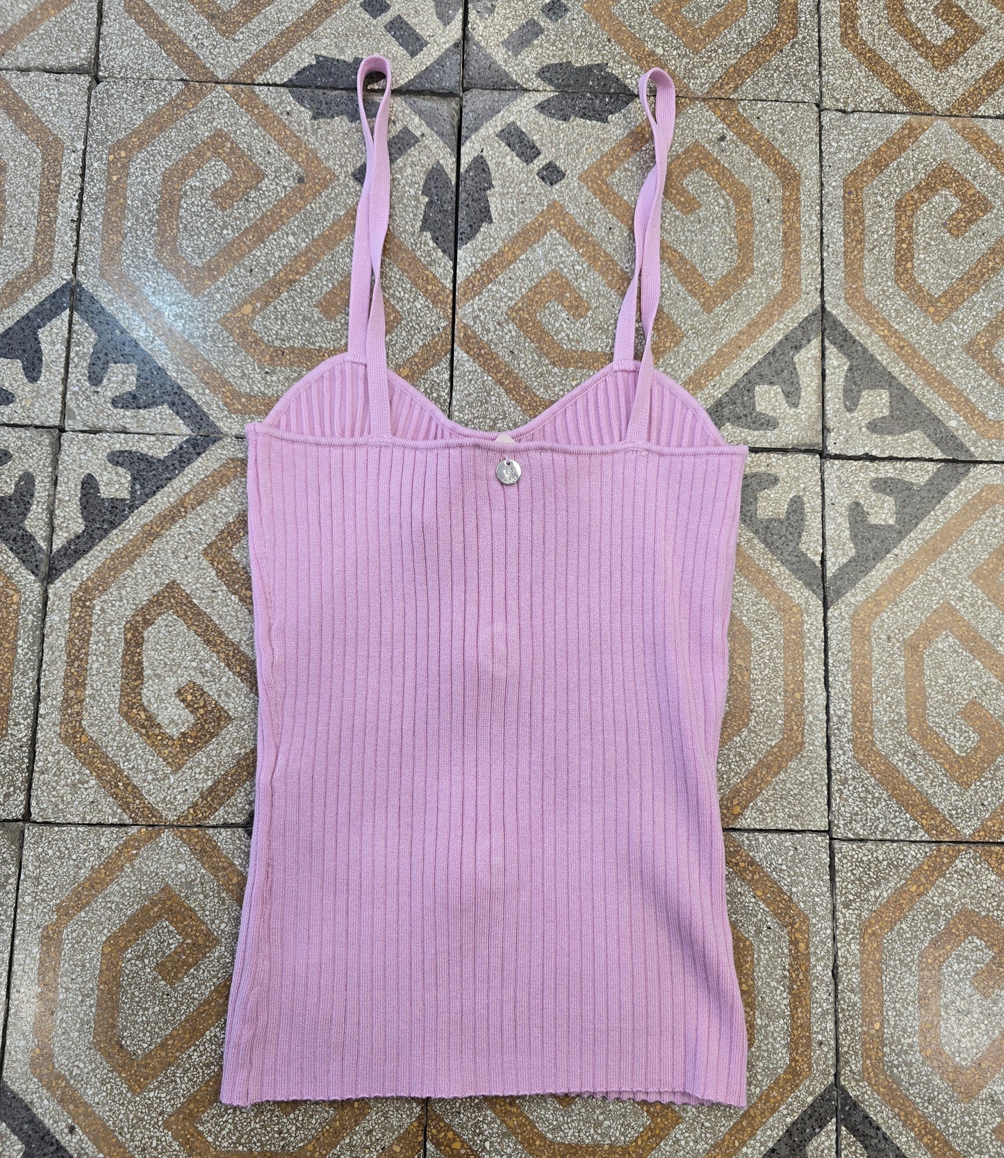 Top Maglia Viscosa Costine Spalline Sottili Bottoni Gioiello Taglia 42