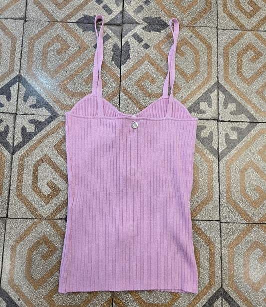 Top Maglia Viscosa Costine Spalline Sottili Bottoni Gioiello Taglia 42