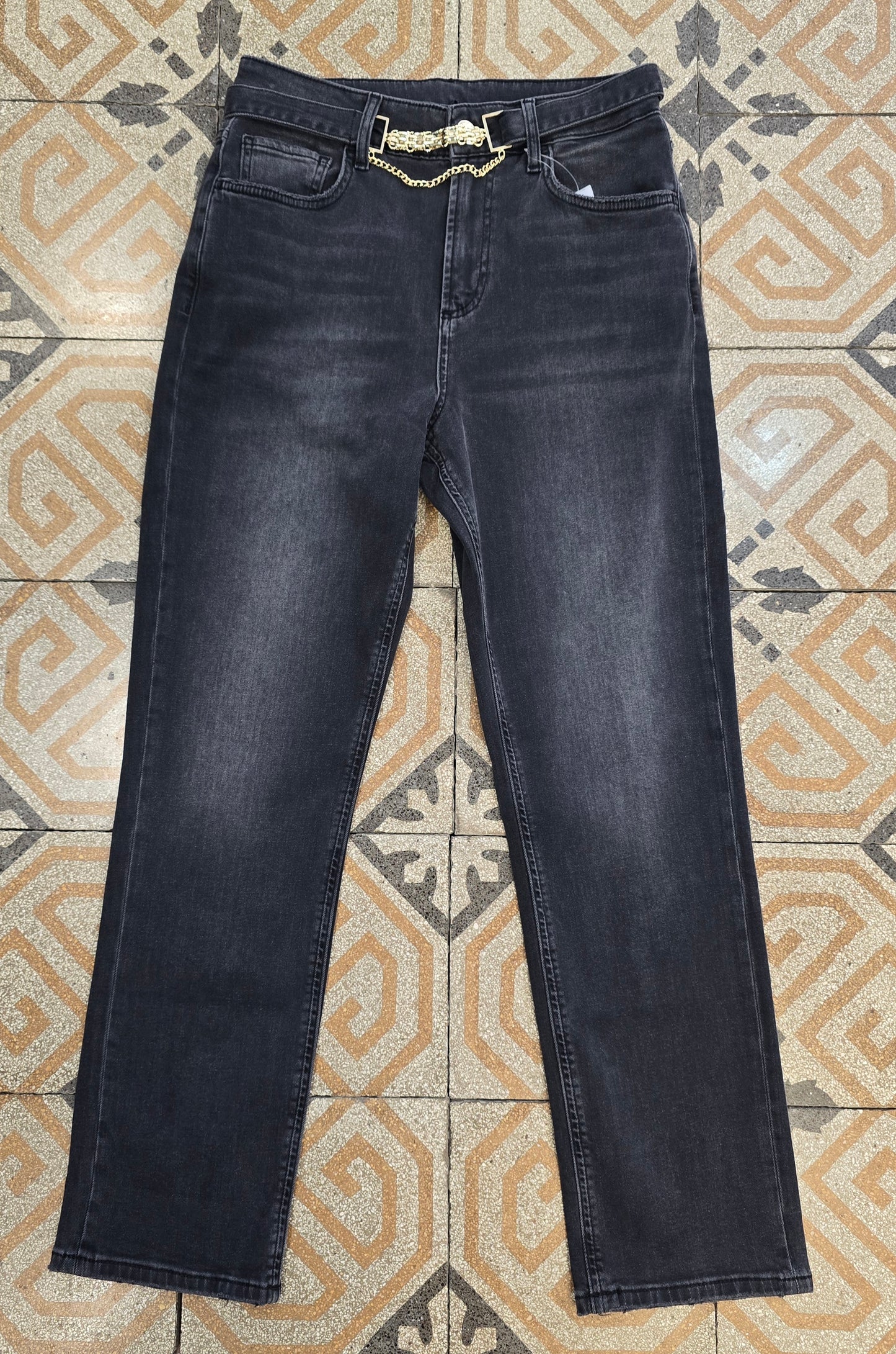 Jeans Elasticizzato Gamba Dritta Nero Cintura Catena Dorata Taglia 42