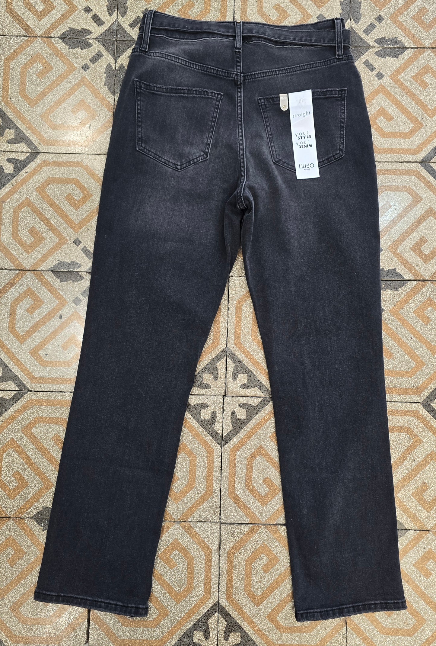 Jeans Elasticizzato Gamba Dritta Nero Cintura Catena Dorata Taglia 42