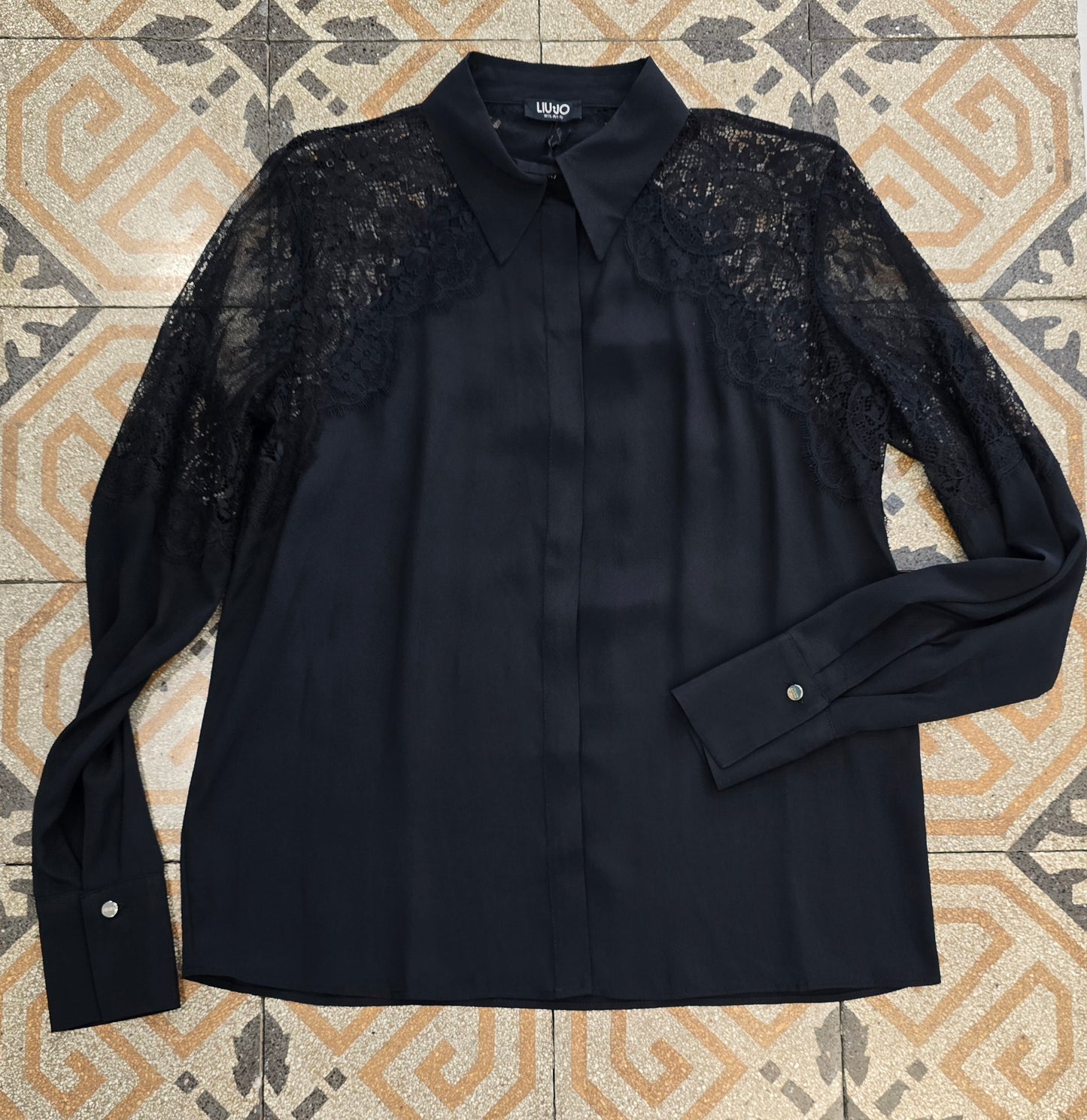 Camicia Inserti Pizzo Spalle Nero Colletto Taglia 42