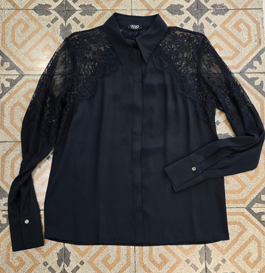 Camicia Inserti Pizzo Spalle Nero Colletto Taglia 42