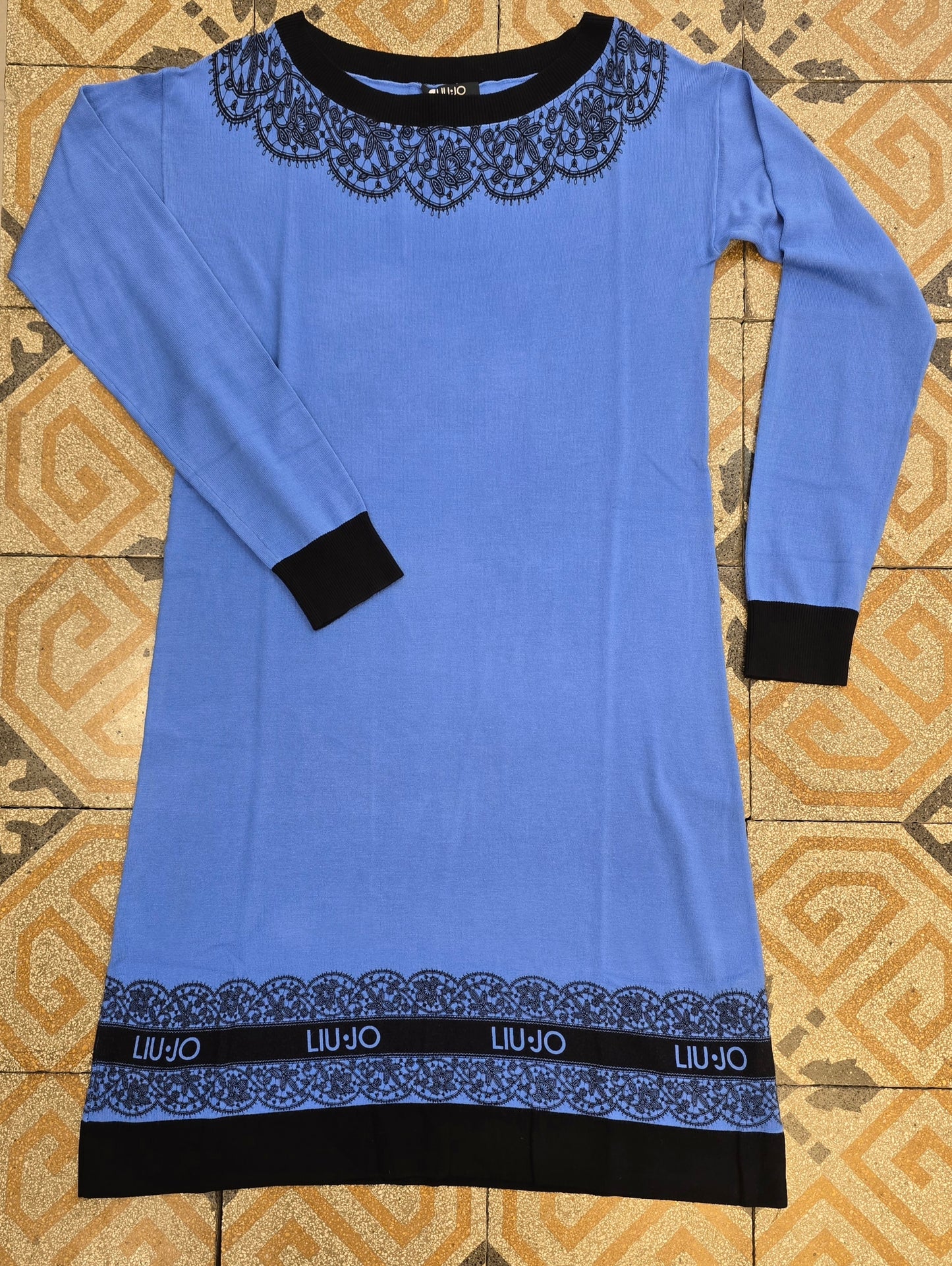 Abito Maglia Viscosa Rasata Scollo Barca Azzurro Greche Nere Taglia 42