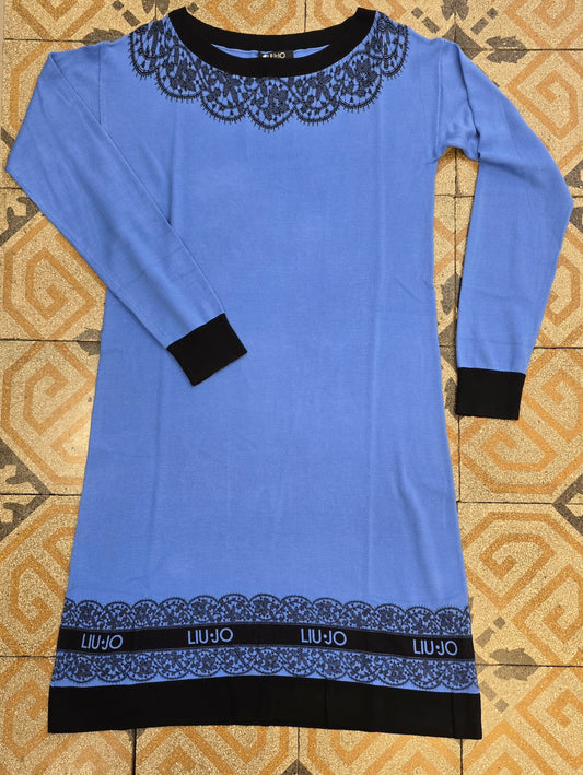 Abito Maglia Viscosa Rasata Scollo Barca Azzurro Greche Nere Taglia 42