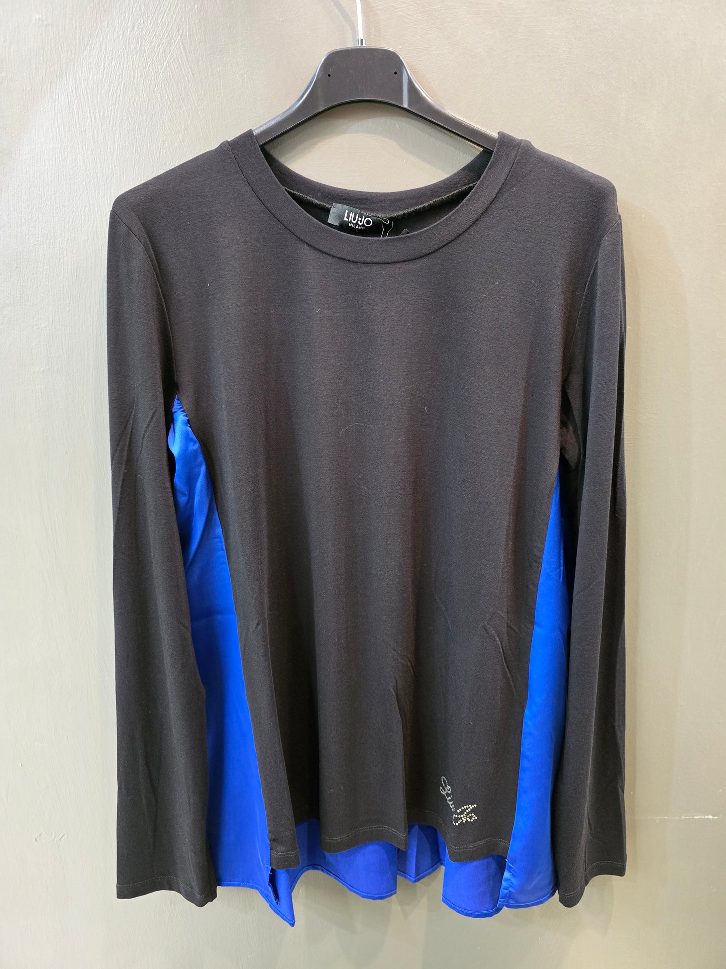 Blusa Doppio Tessuto Jersey Cotone Raso Pieghe Nero Bluette Taglia 42