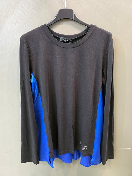 Blusa Doppio Tessuto Jersey Cotone Raso Pieghe Nero Bluette Taglia 42
