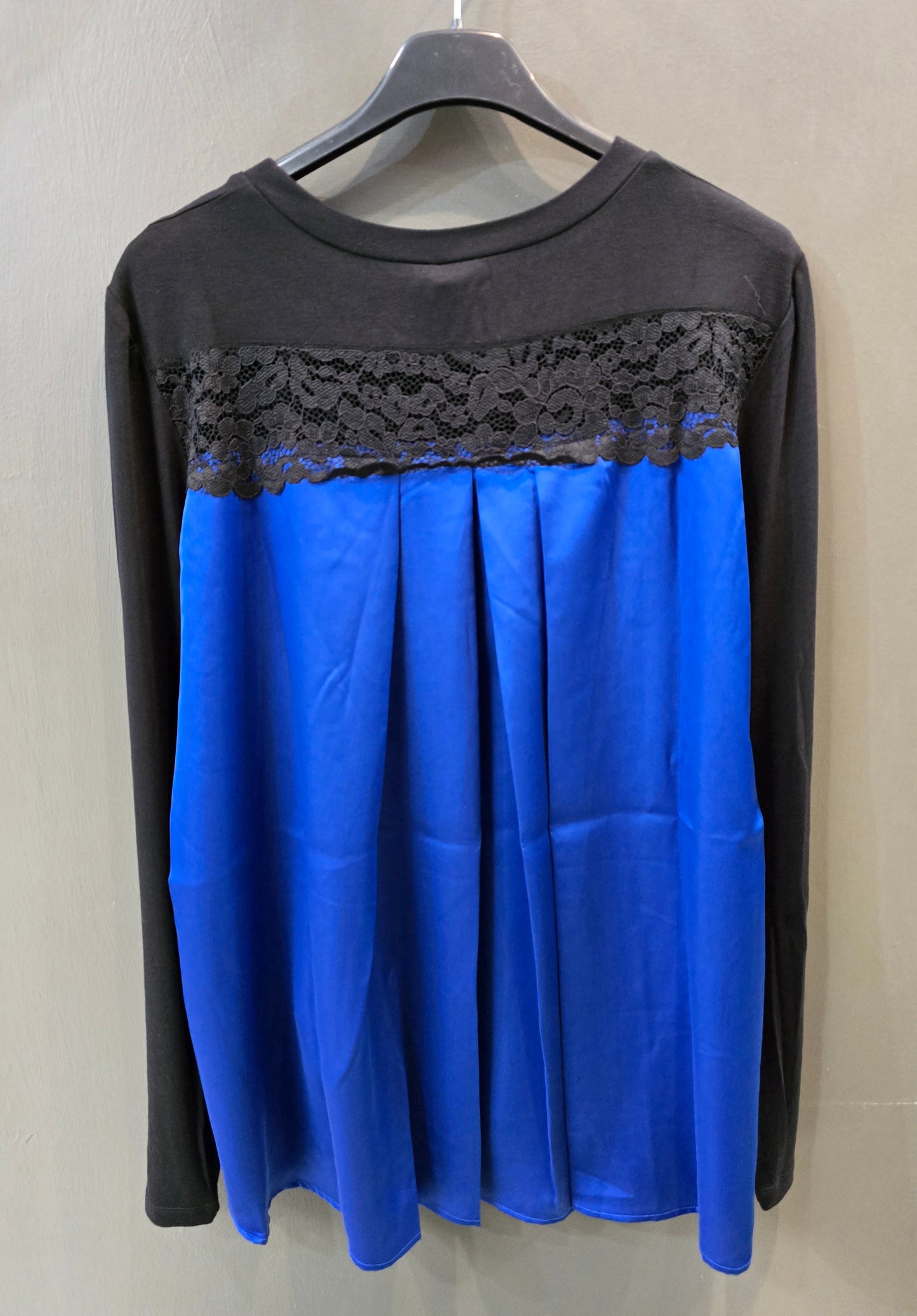 Blusa Doppio Tessuto Jersey Cotone Raso Pieghe Nero Bluette Taglia 42