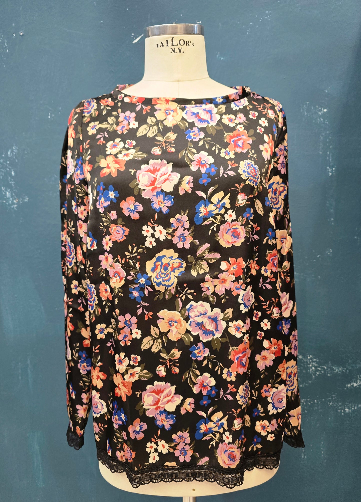 Blusa Raso Fantasia Floreale Rifinita Pizzo Orlo Taglia 42