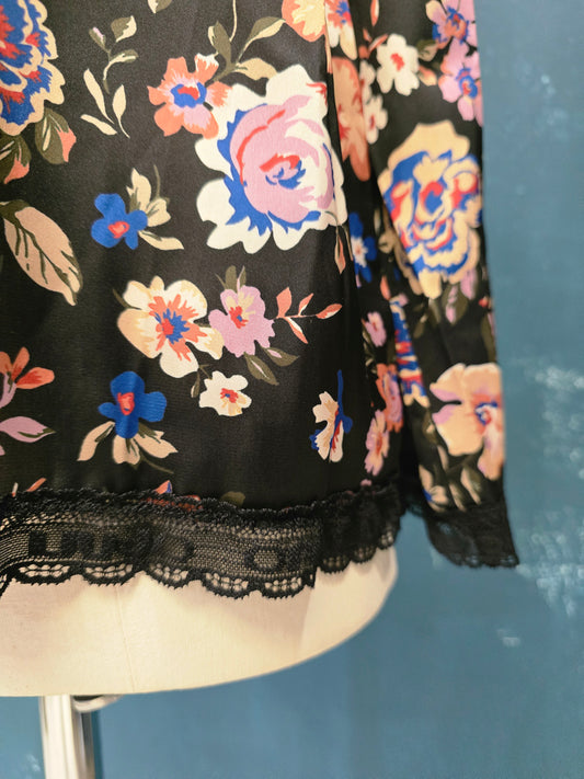 Blusa Raso Fantasia Floreale Rifinita Pizzo Orlo Taglia 42