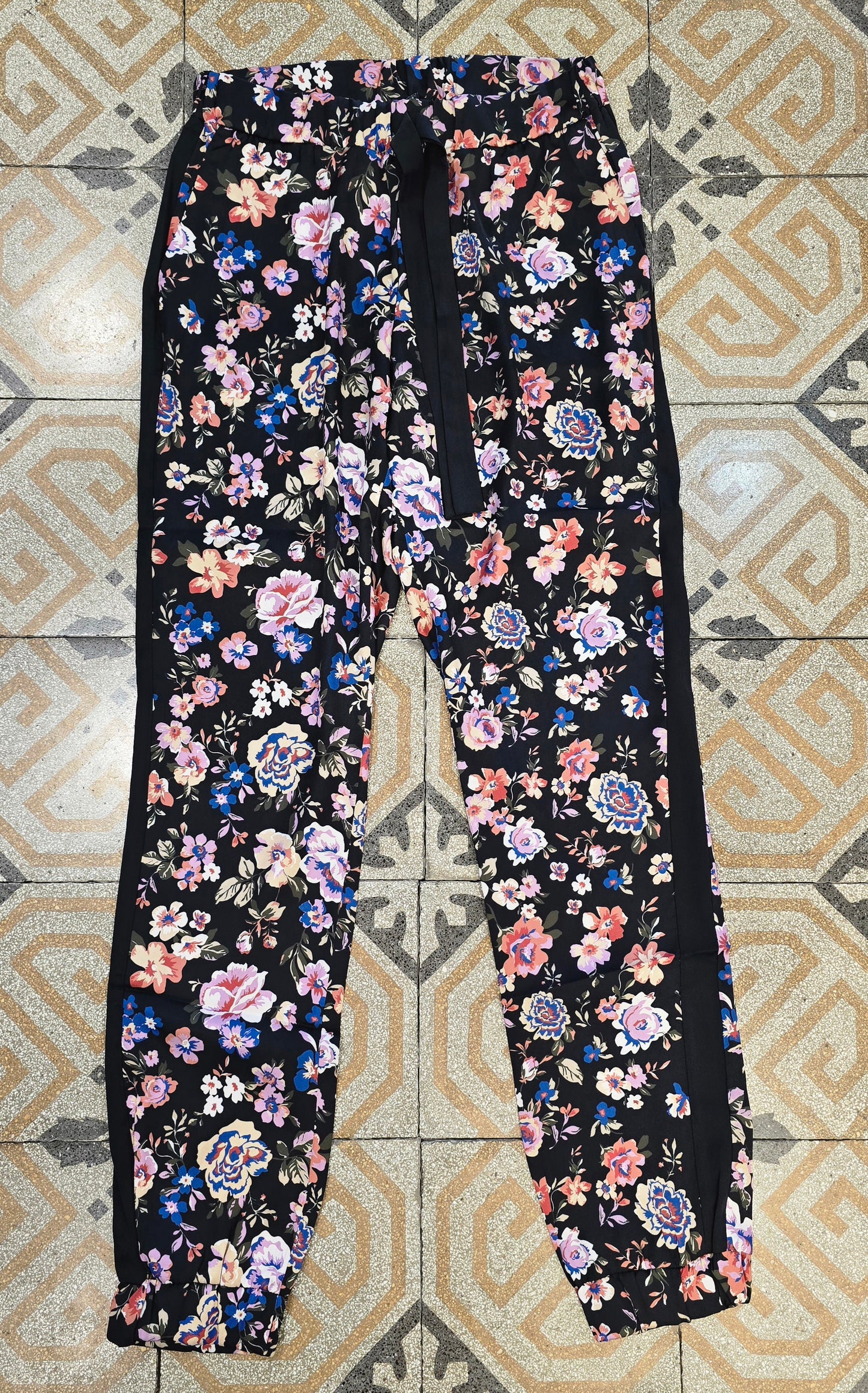 Pantalone Raso Fantasia Coulisse Vita Elastico Caviglia Floreale Taglia 42