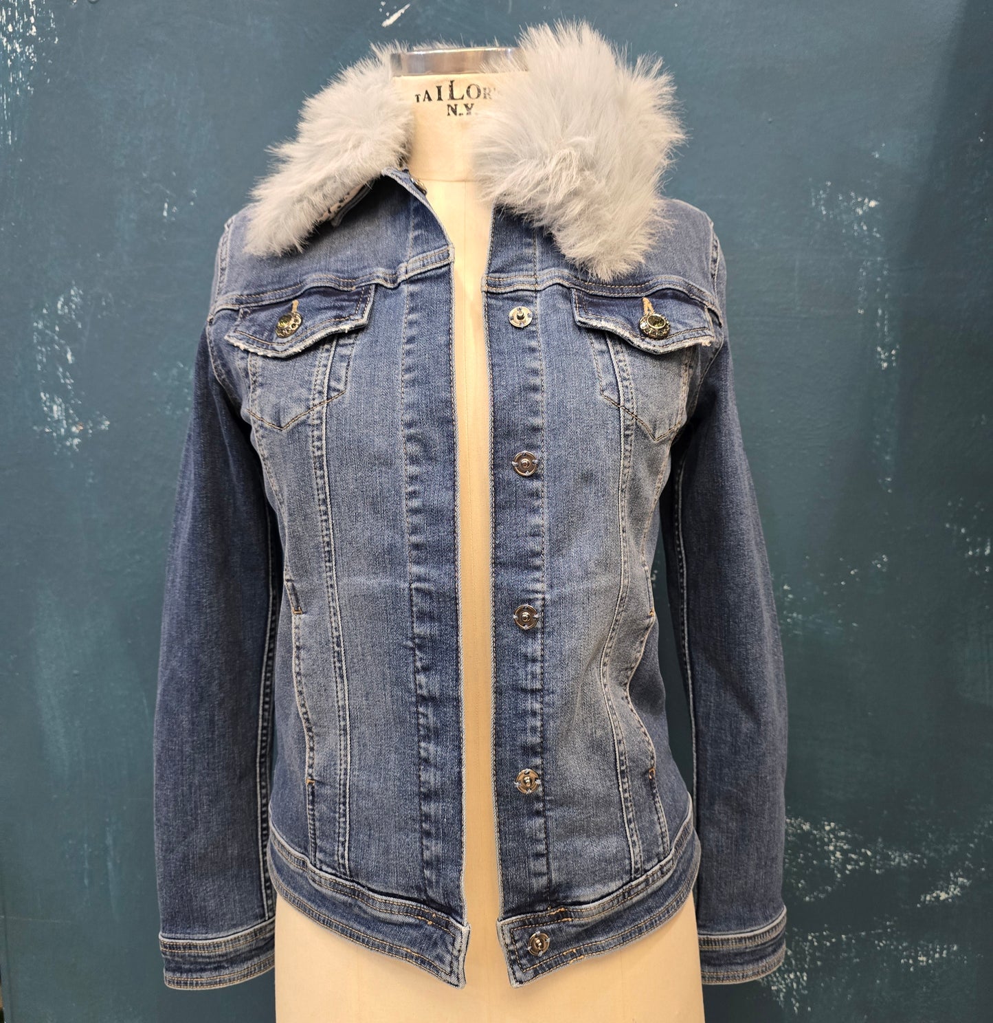 Giubbotto Jeans Trapuntato Colletto Pelliccia Removibile Blu Medio Taglia 42