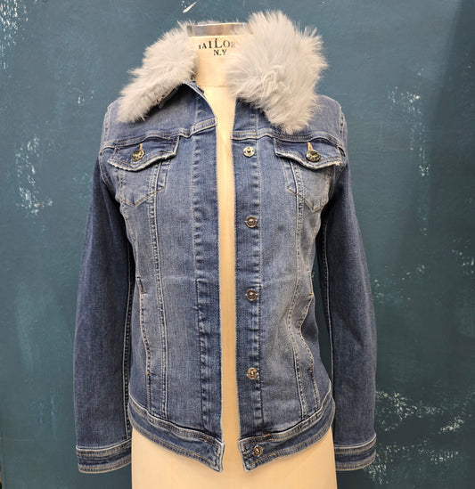 Giubbotto Jeans Trapuntato Colletto Pelliccia Removibile Blu Medio Taglia 42