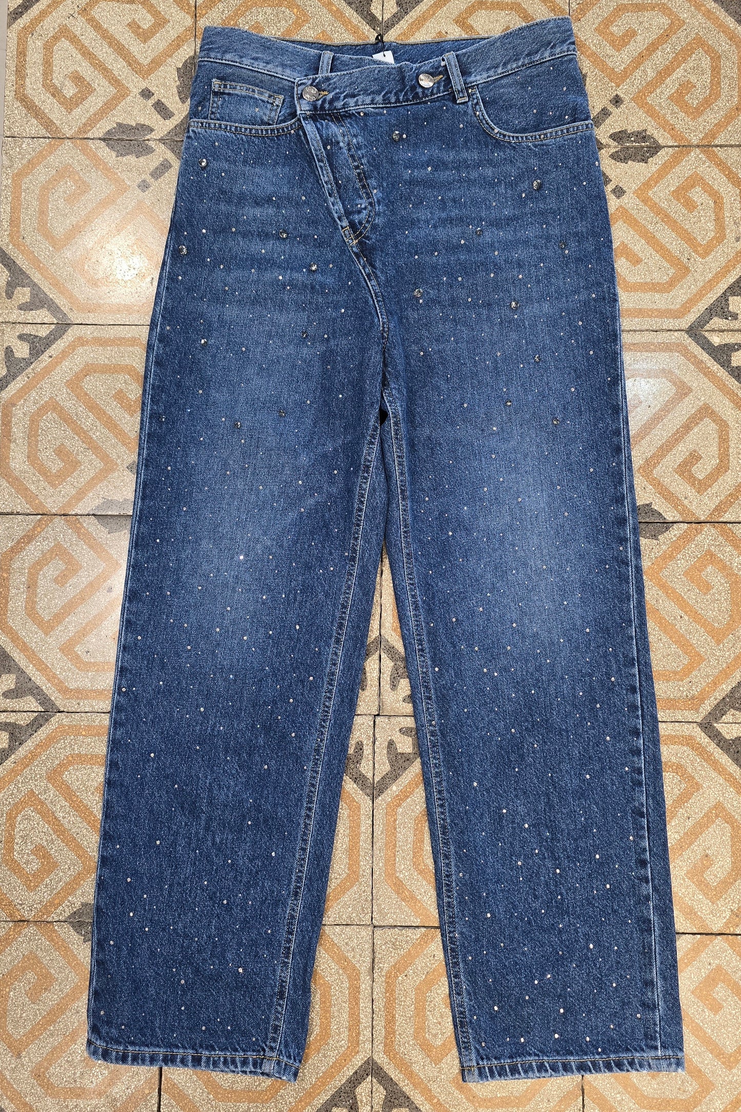 Jeans Strass Davanti Largo Abbottonatura Asimmetrica Blu Medio Taglia 42