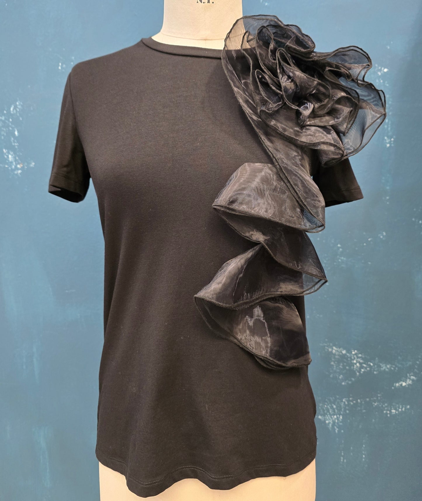 T-Shirt Paricollo Fiore Tulle Nero Taglia 42