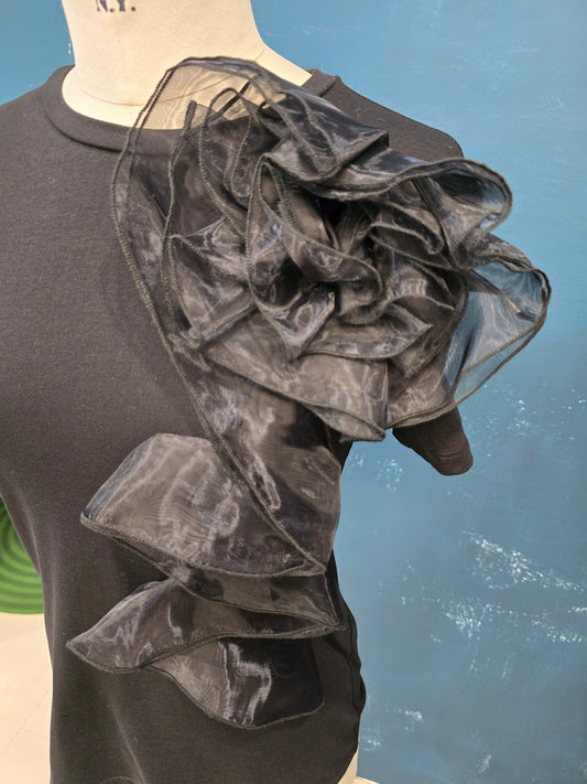 T-Shirt Paricollo Fiore Tulle Nero Taglia 42