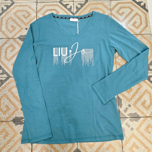 T-Shirt Manica Lunga Cotone Scollo V Strass Turchese Taglia 42