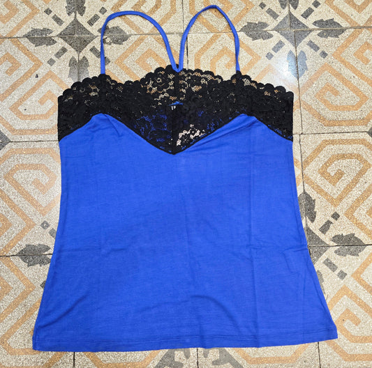 Top Cotone Bluette Inserto Pizzo Nero Taglia 42