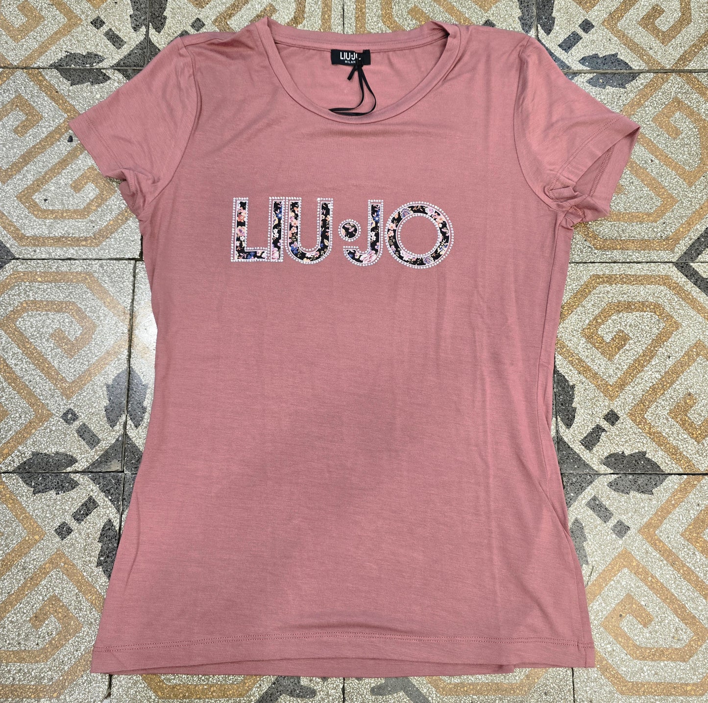 T-Shirt Paricollo Cotone Rosa Antico Logata Taglia 42