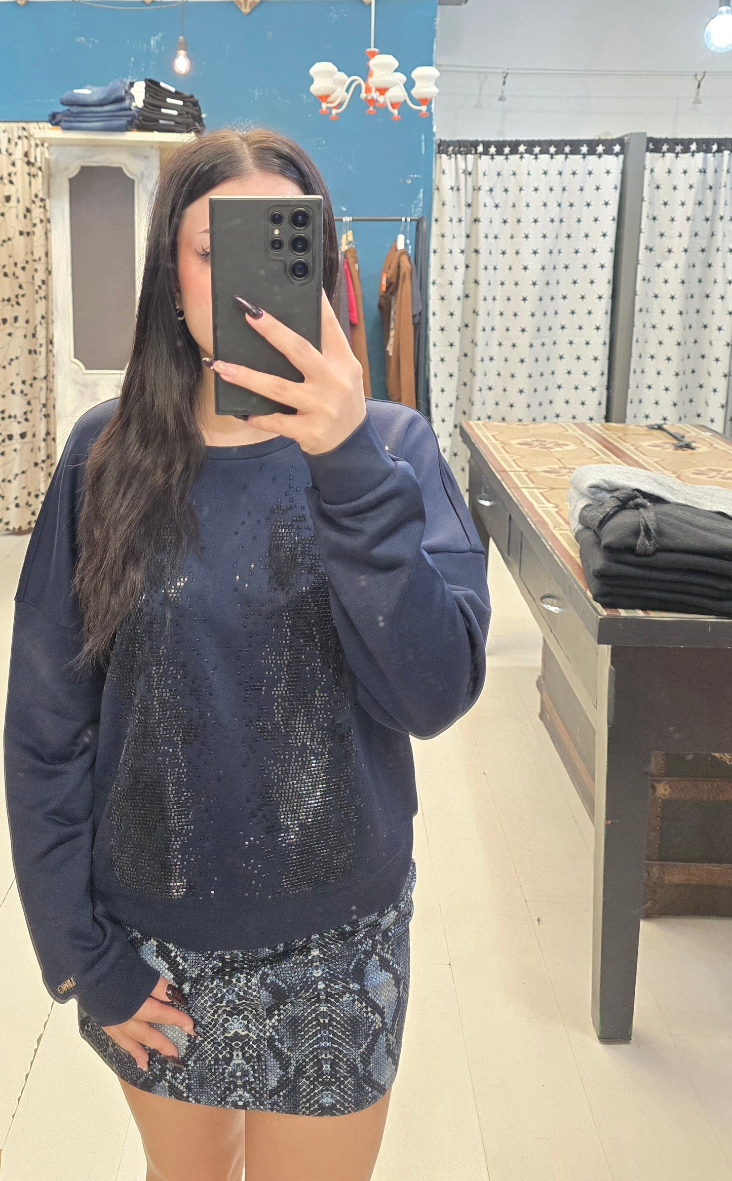 Felpa Paricollo Cotone Felpato Blu Borchie Davanti Taglia 42