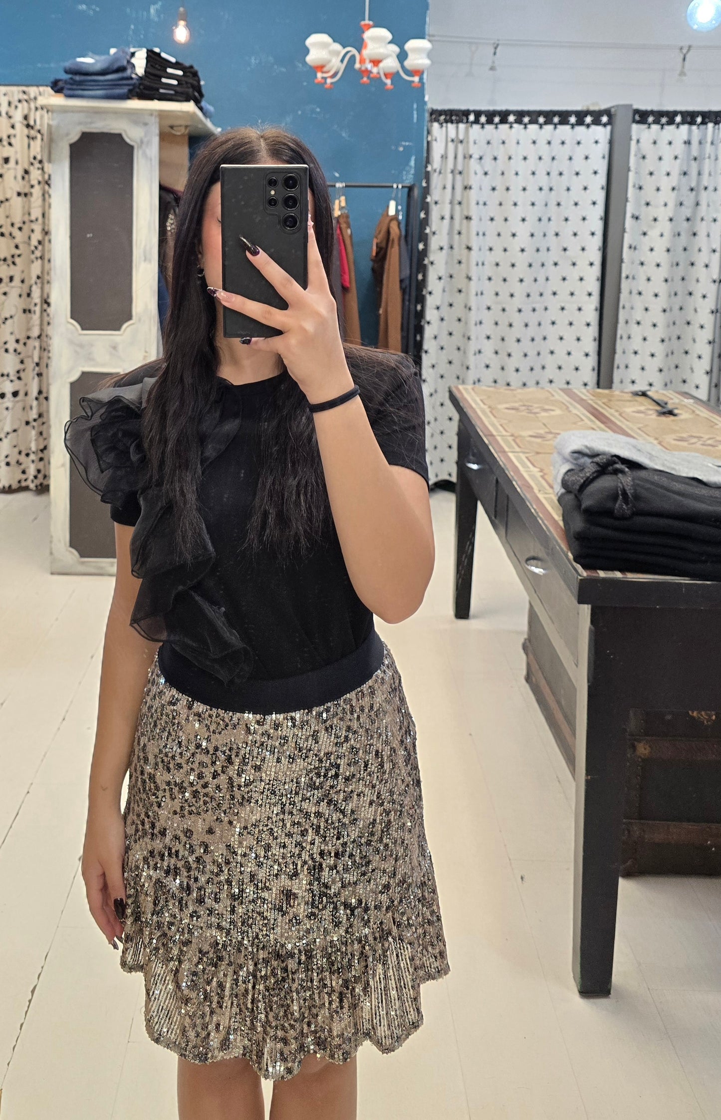 Gonna Paillettes Svasata Elastico Vita Animalier Taglia 42