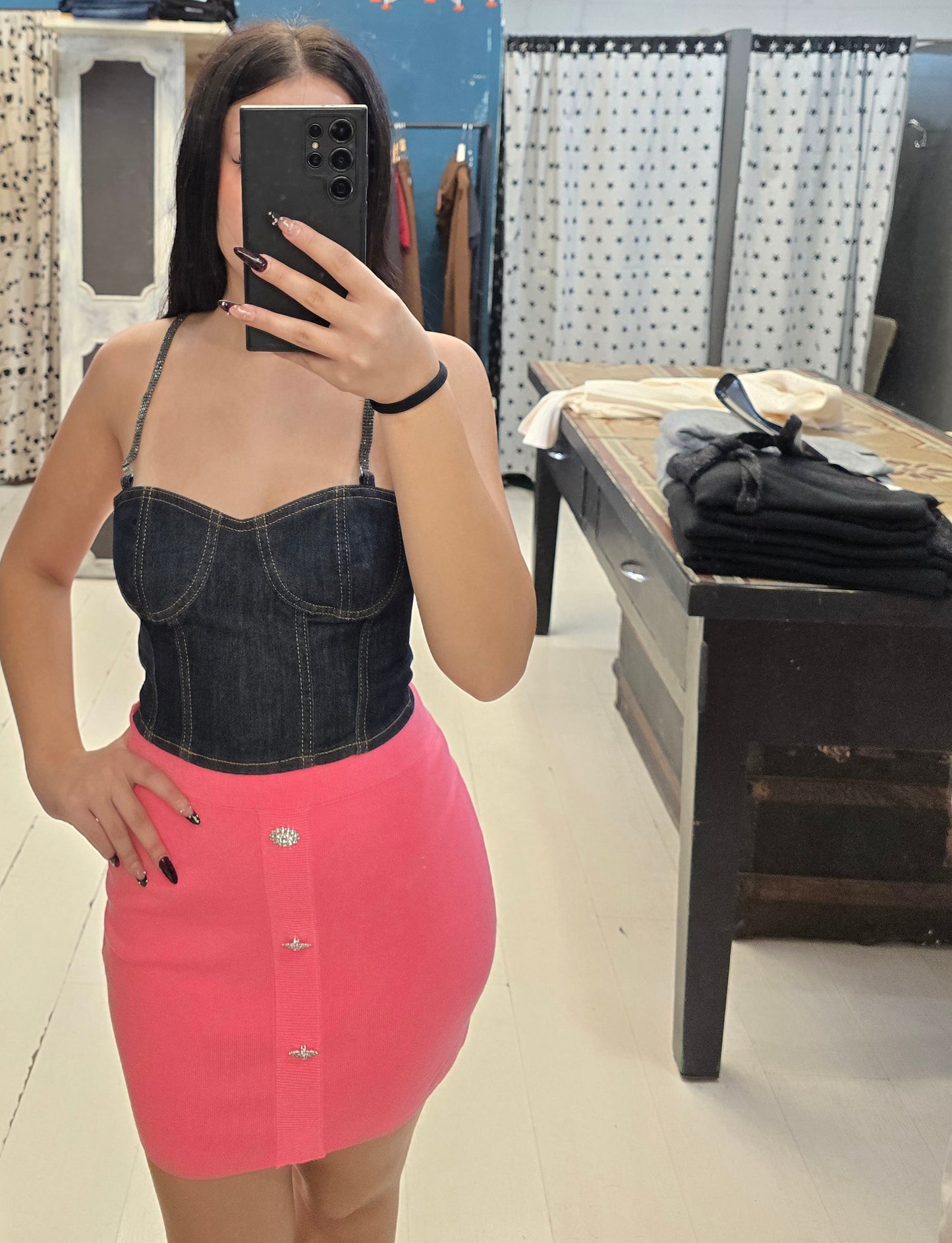 Minigonna Maglia Viscosa Bottoni Gioiello Rosa Barbie Taglia 42