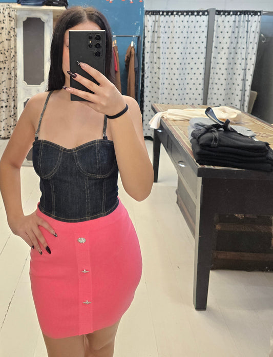 Minigonna Maglia Viscosa Bottoni Gioiello Rosa Barbie Taglia 42