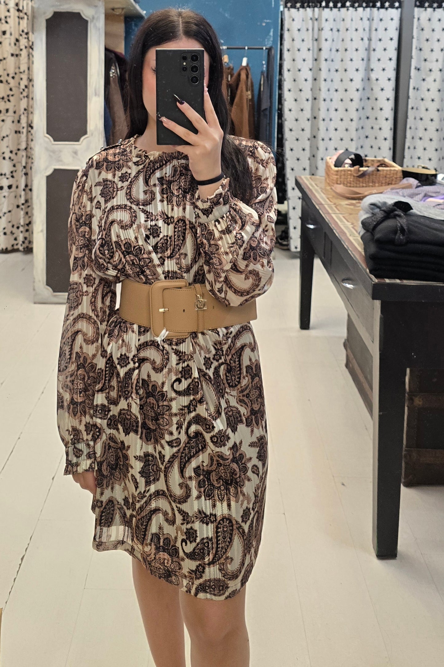 Abito Fantasia Tessuto Plissettato Tunichetta Ginocchio Taglia 42