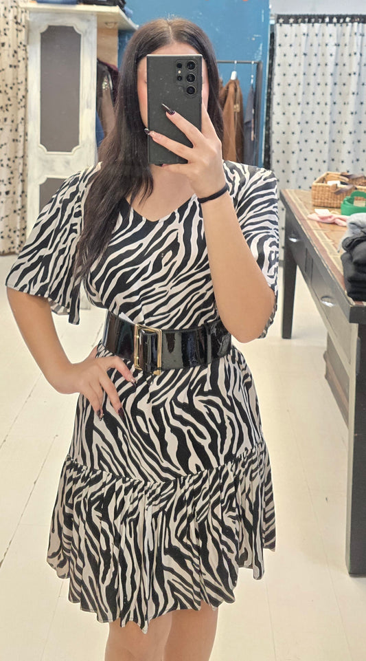 Abito Raso Fantasia Zebrata Mezze Maniche Taglio Dritto Gala Taglia 42