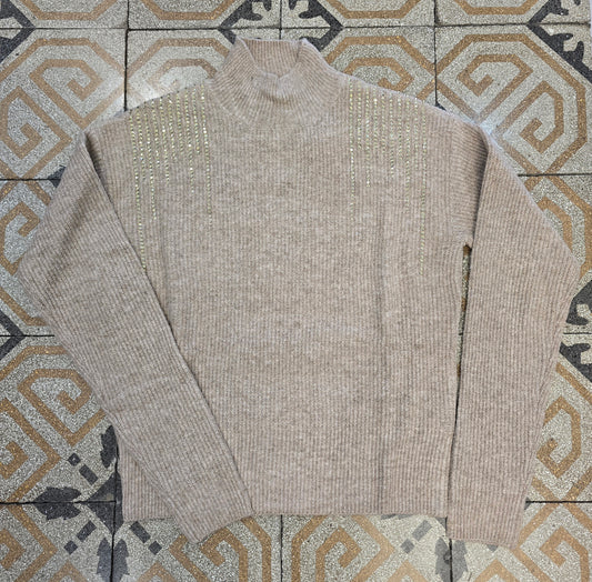 Maglia Dolcevita Costine Strass Dorati Camel