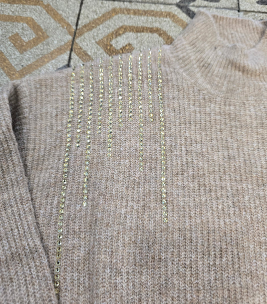 Maglia Dolcevita Costine Strass Dorati Camel