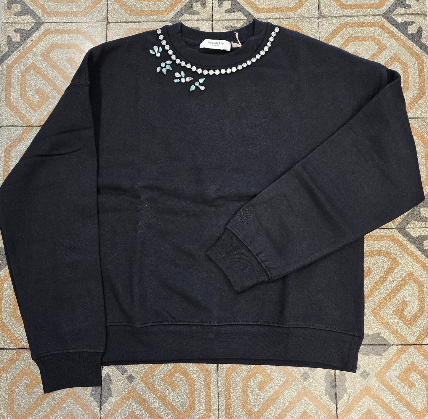 Felpa Paricollo Pietre Scollatura Cotone Felpato