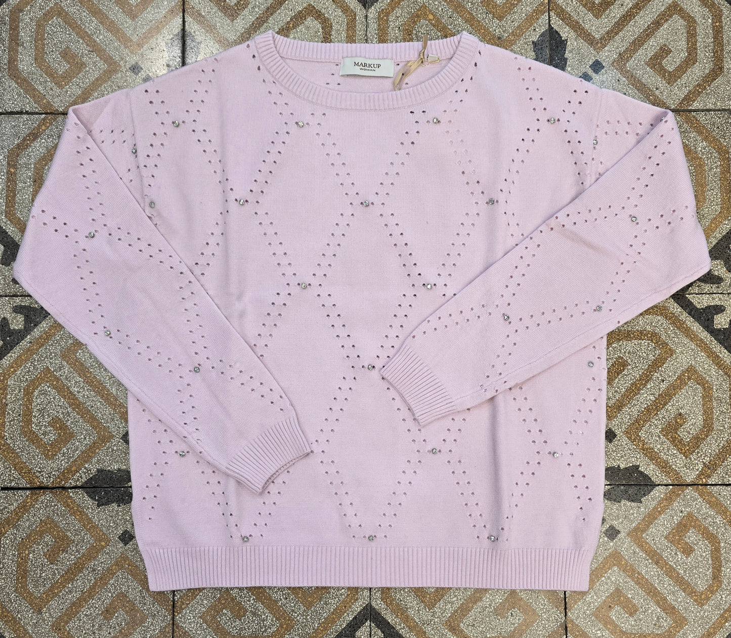 Maglia Traforata Viscosa Paricollo Strass Rosa
