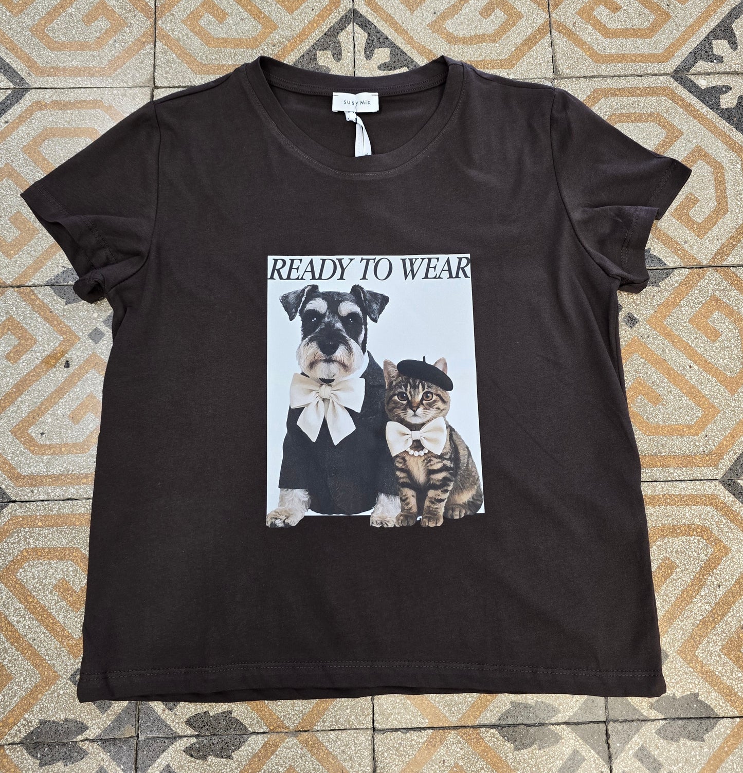 T-Shirt Paricollo Cotone Stampa Marrone Taglia Unica