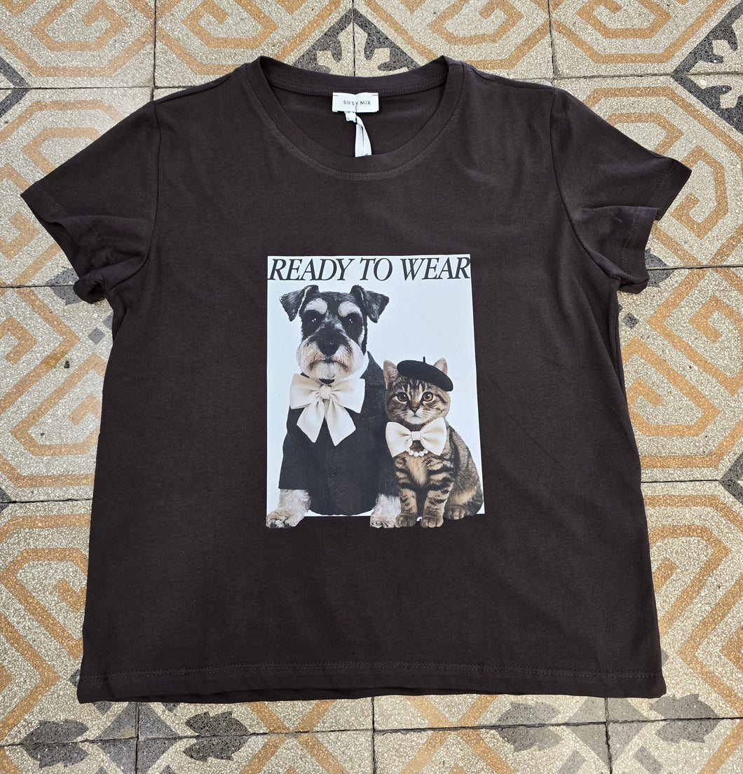 T-Shirt Paricollo Cotone Stampa Marrone