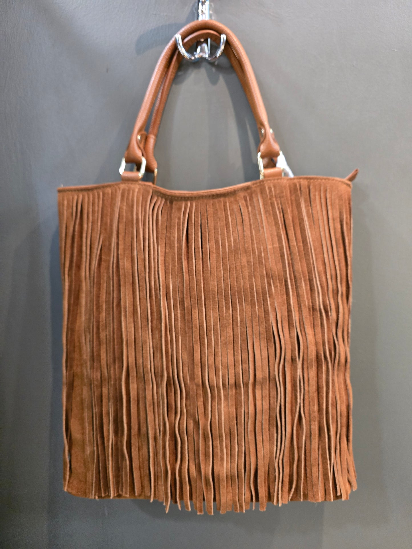 Borsa Pelle Martellata Manico Tracolla Frangione Scamosciata