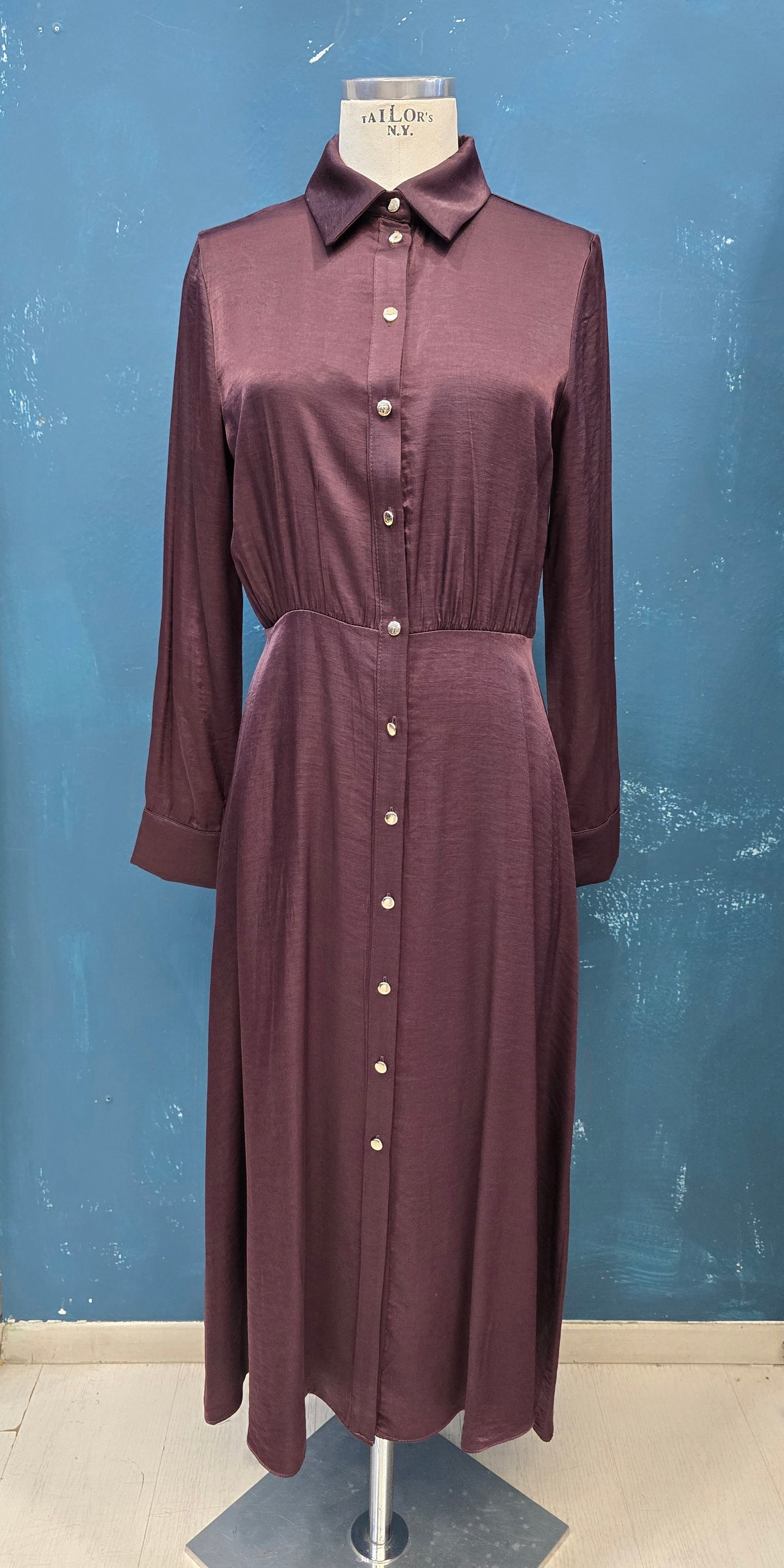 Abito Lungo Raso Chemisier Melanzana Bottoni Dorati