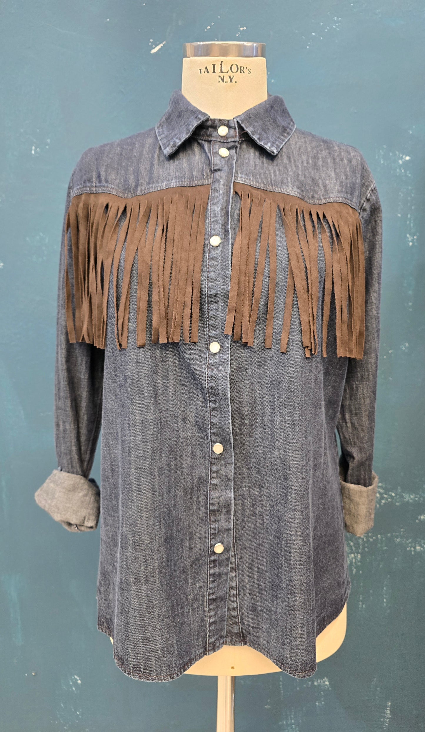 Camicia Denim Blu Frangia Ecopelle Moro