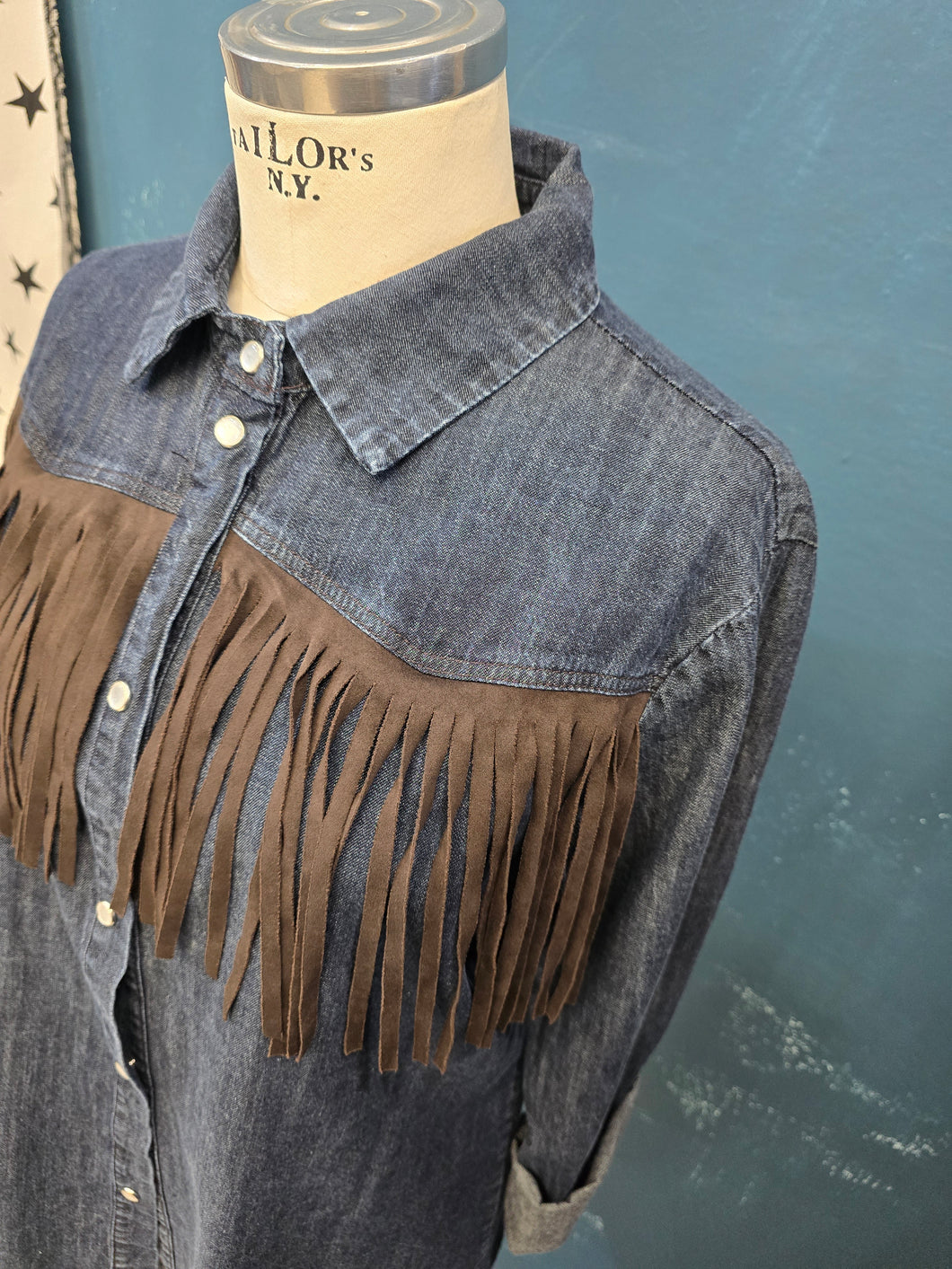 Camicia Denim Blu Frangia Ecopelle Moro