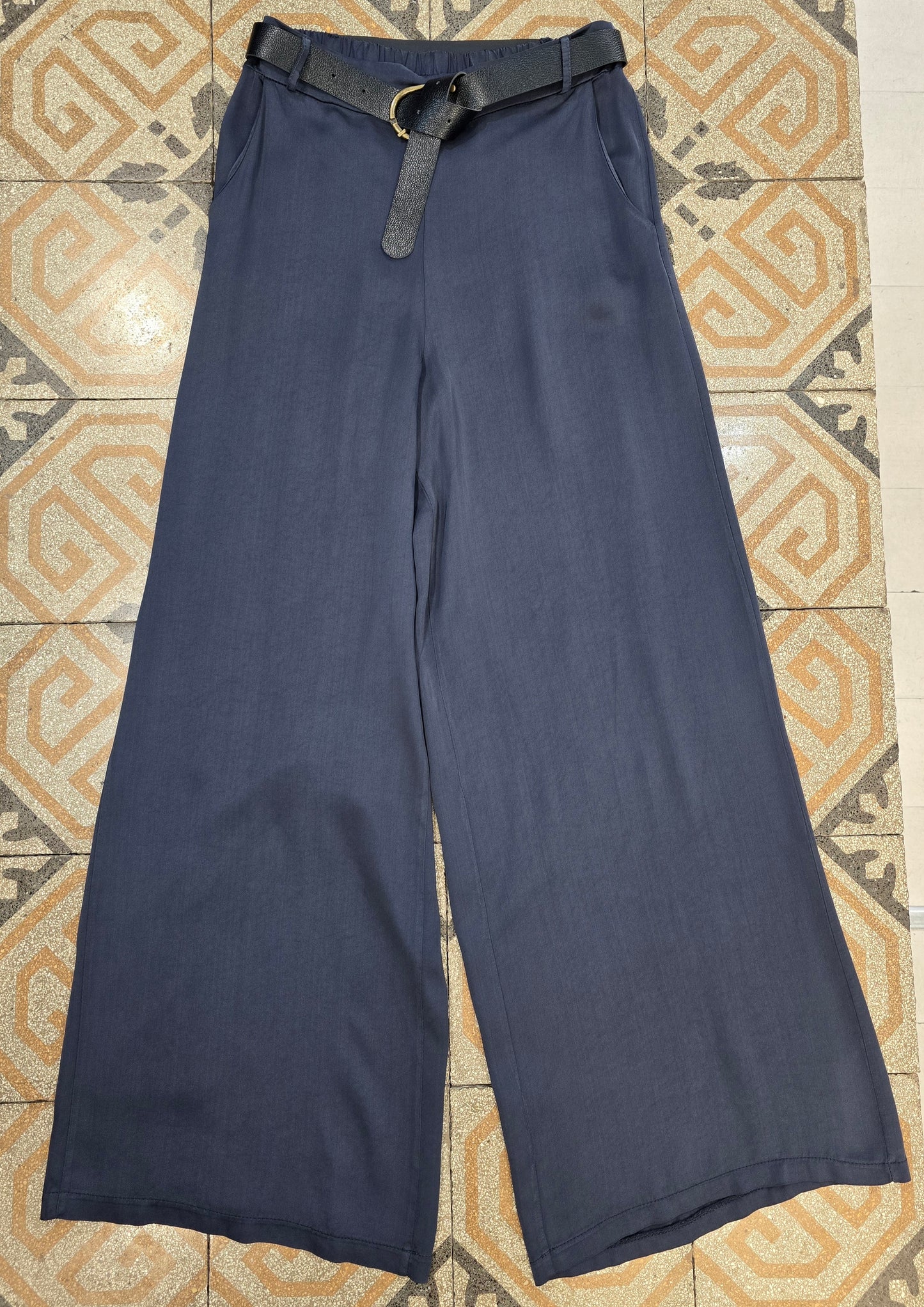 Pantalone Raso Palazzo Elastico Cinturino Blu S
