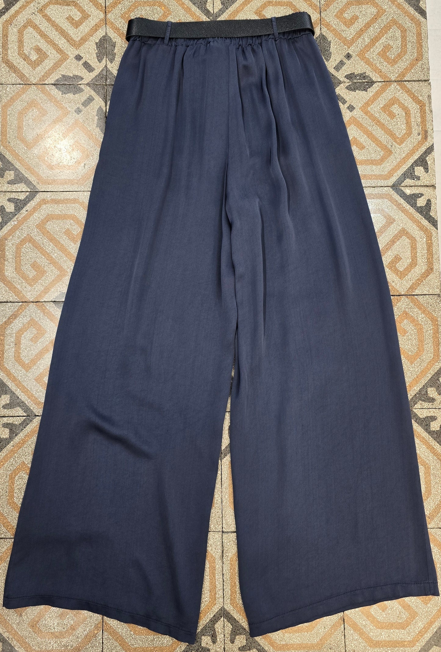 Pantalone Raso Palazzo Elastico Cinturino Blu S
