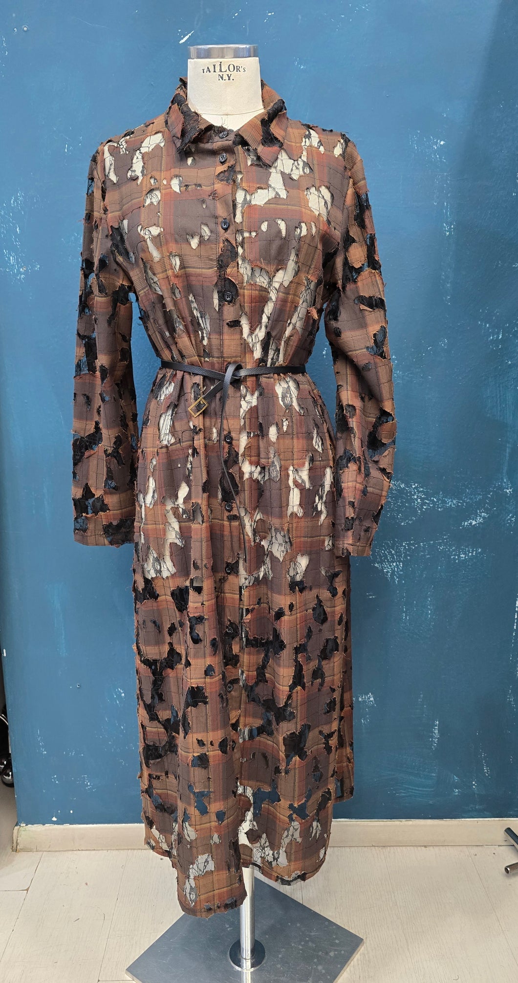 Abito Lungo Chemisier Check Pizzo Tabacco