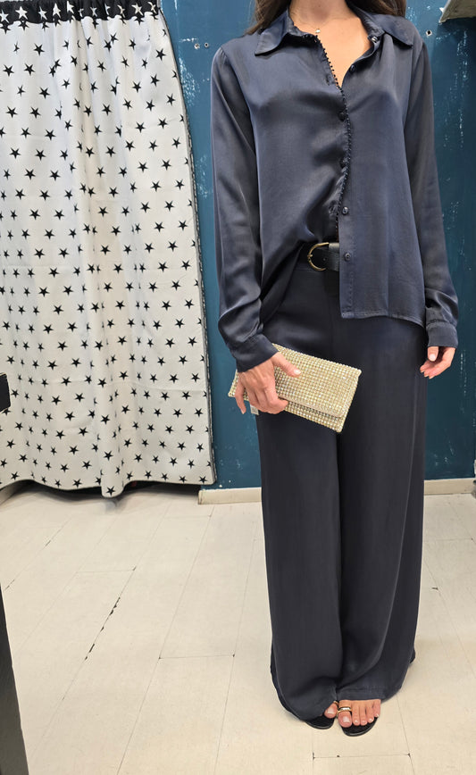 Pantalone Raso Palazzo Elastico Cinturino Blu S