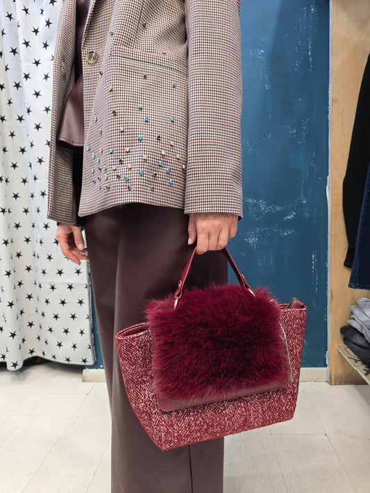 Borsa Panno Spigato Pattina Ecopelliccia Bordeaux